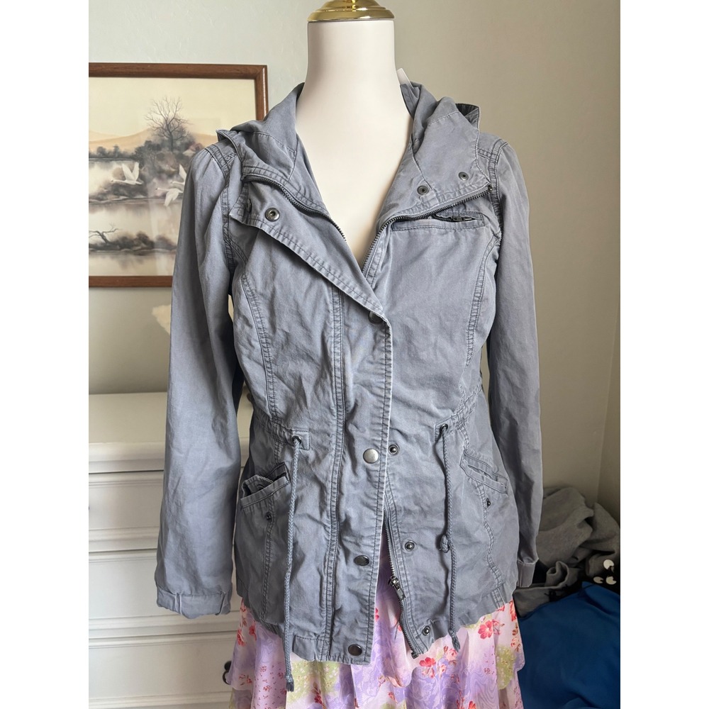 Utility Jacket Field Coat Grey Hooded Drawstring Waist Forever 21 Small Military